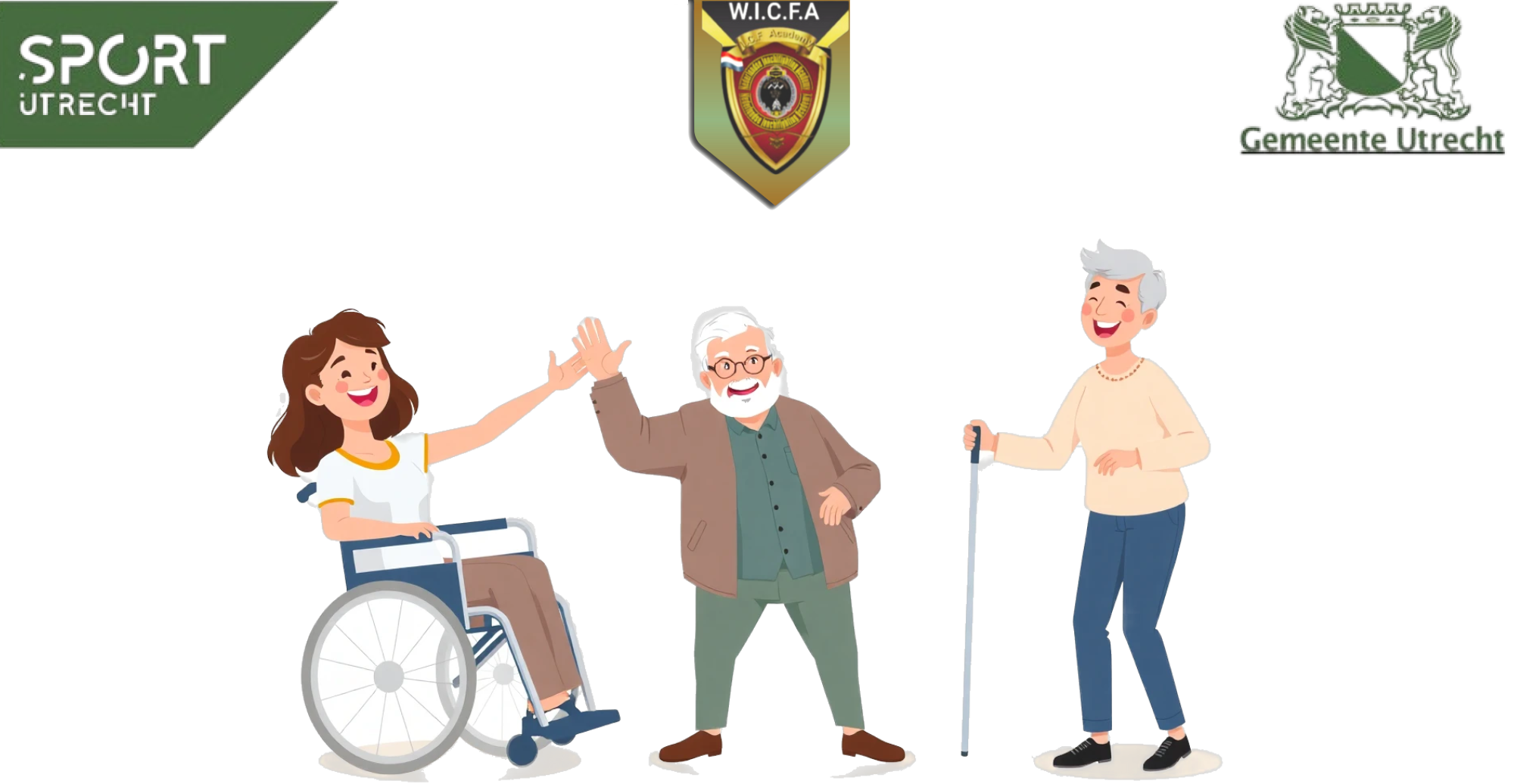 Diverse groep mensen: persoon in rolstoel, oudere persoon en anderen die samen sporten